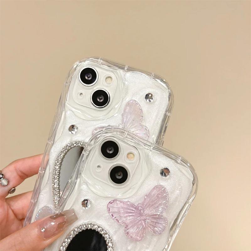 Diamond Bling Glitter Butterfly 3D Phone Case For iPhone 14 13 12 11 15 Pro Max X XR XS Silicone Love Heart Makeup Mirror Cover