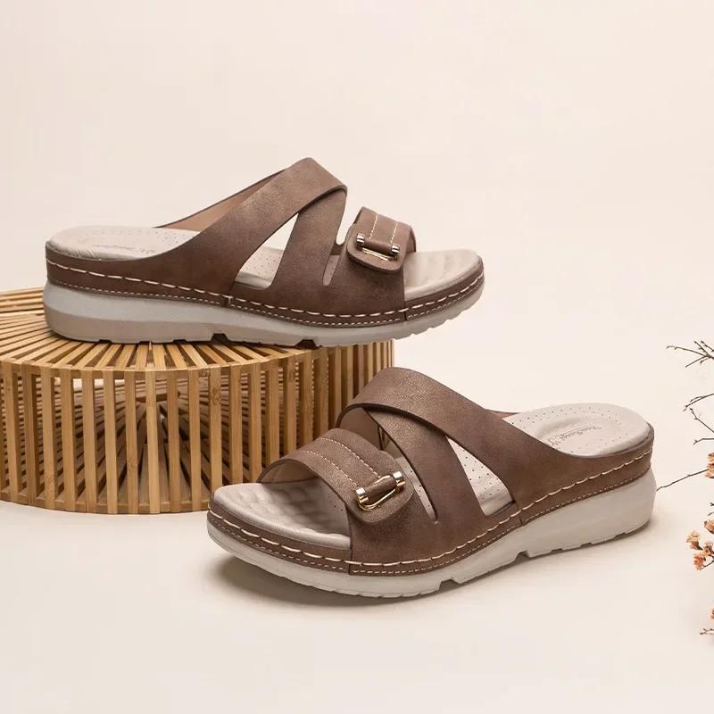Women Slipper Summer New Handmade Wedge Platform Orthopedic Shoes Retro Casual Outdoor Beach Slides Sandalias De Mujer