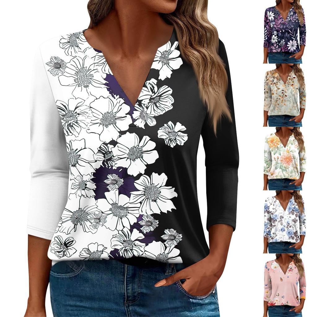 Women's T Shirt Tee Printed 3/4 Sleeve Daily Weekend Fashion Basic V Neck Regular Top