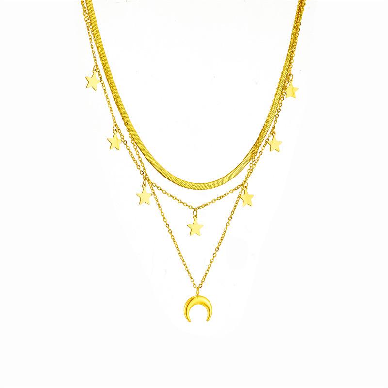 SSeeSY Vintage Fashion Multi-layer Necklace Star and Moon Snake Chain Necklace Polish Stainless Steel Necklace for Women