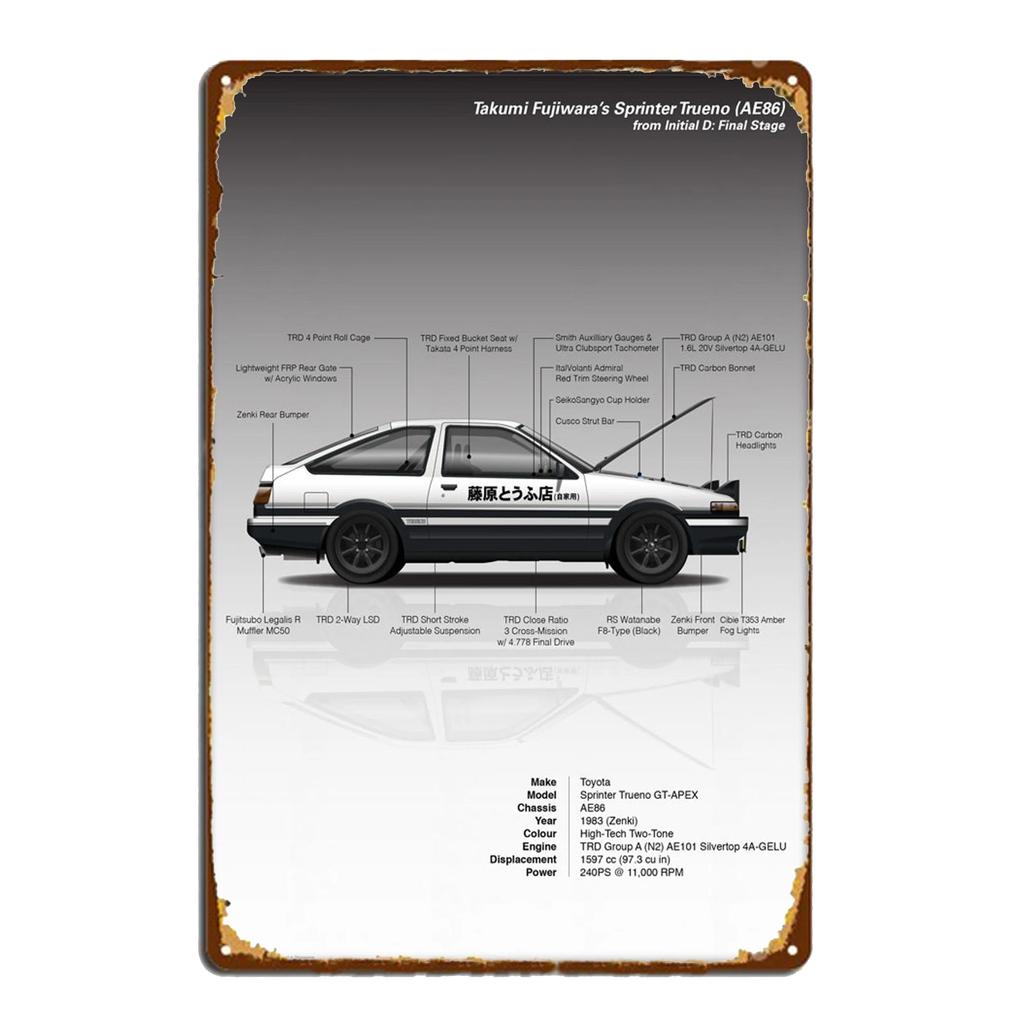 Спортивный автомобиль AE86 Параметры производительности Плакат Винтажные таблички Металлическая жестяная вывеска Гараж Бар Декор Тарелка Художественная настенная табличка Жестяные знаки