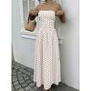 Womens Polka Dots Strapless Summer Dresses, Elastic Back Smocked Beach Vacation Outfits Vintage Elegant Maxi Dress