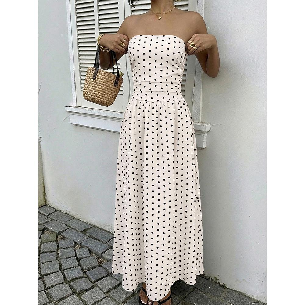 Womens Polka Dots Strapless Summer Dresses, Elastic Back Smocked Beach Vacation Outfits Vintage Elegant Maxi Dress