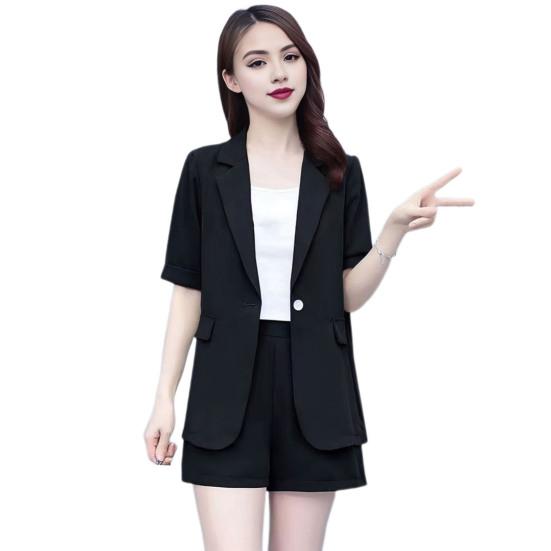 2 Piece Women Casual Outfit Lapel Short Sleeve Blazer Shorts Solid Color OL Style Single Button Blazer Shorts Set Elegant Office Suit