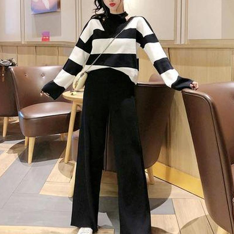 2pcs/set Women Winter Tracksuit 2 Piece Pant Suits Knitted Striped Sweater Top and Pants 2 Piece Set Outwear Outfits