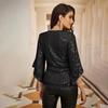 Women's Spring and Autumn Fashion Sequin Hipped Trumpet Sleeve V-neck Slim Party Pullover Top