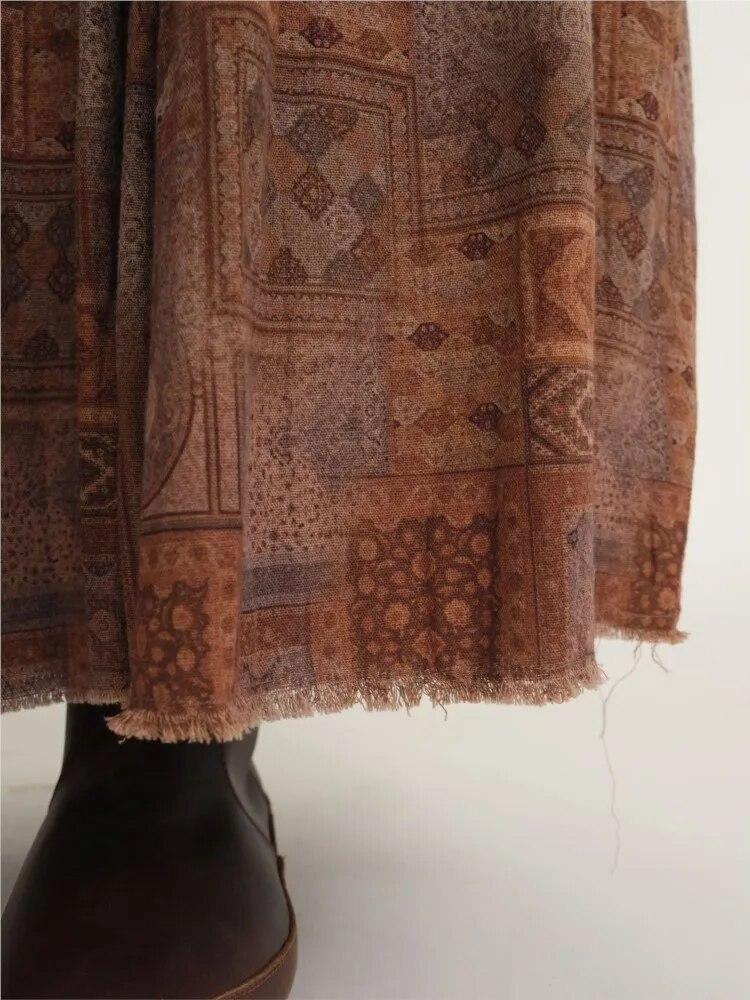 Johnature Women Vintage Print Floral Cotton Skirts Elastic Waist Patchwork Clothes Autumn High Quality Women Skirts