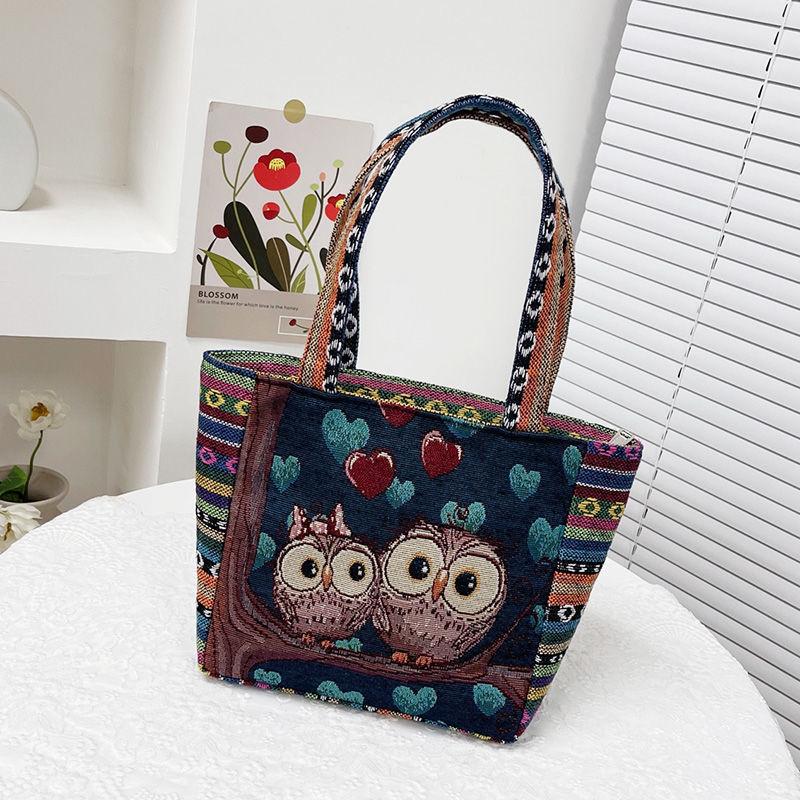 Cartoon Embroidered Canvas Handbag Women's Bag Casual Handbag Office Worker Small Satchel