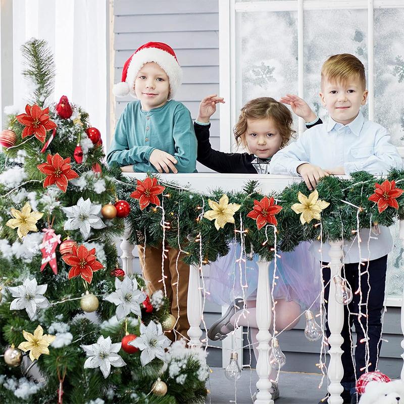 5/10 шт. Блестящее рождественское украшение 13 см Искусственные цветы Украшение для рождественской елки для домашнего декора Навидад Новый год 2026 Аксессуары