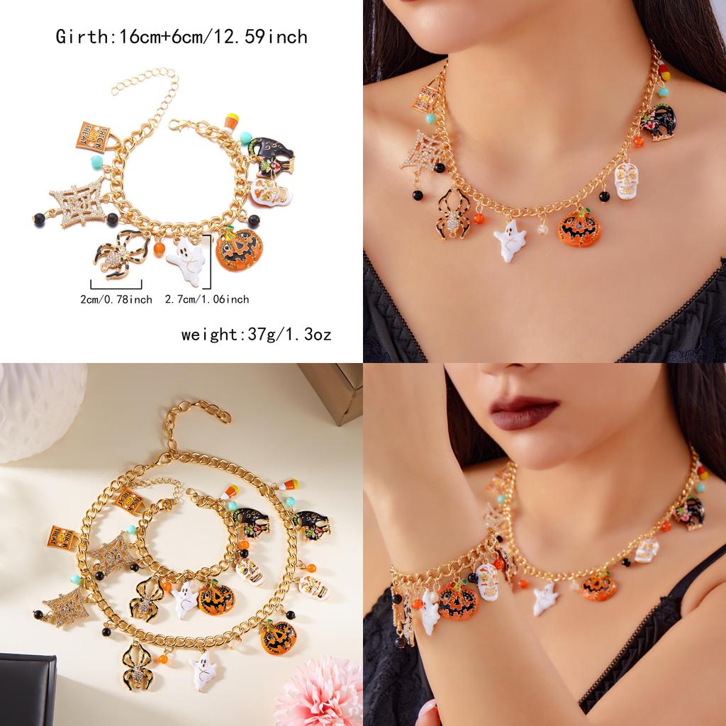 Pumpkin Skeleton Spider Charm Necklace And Bracelet In Alloy For Holiday Wear