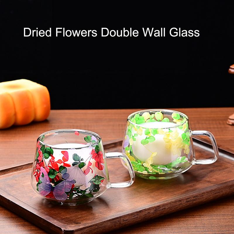 200ml Double Wall Glass Cup Clear Dried Flowers Glass Tea Cup Double Wall Glass Dried Flowers Tea Cup Heat Resistant Tea Cups