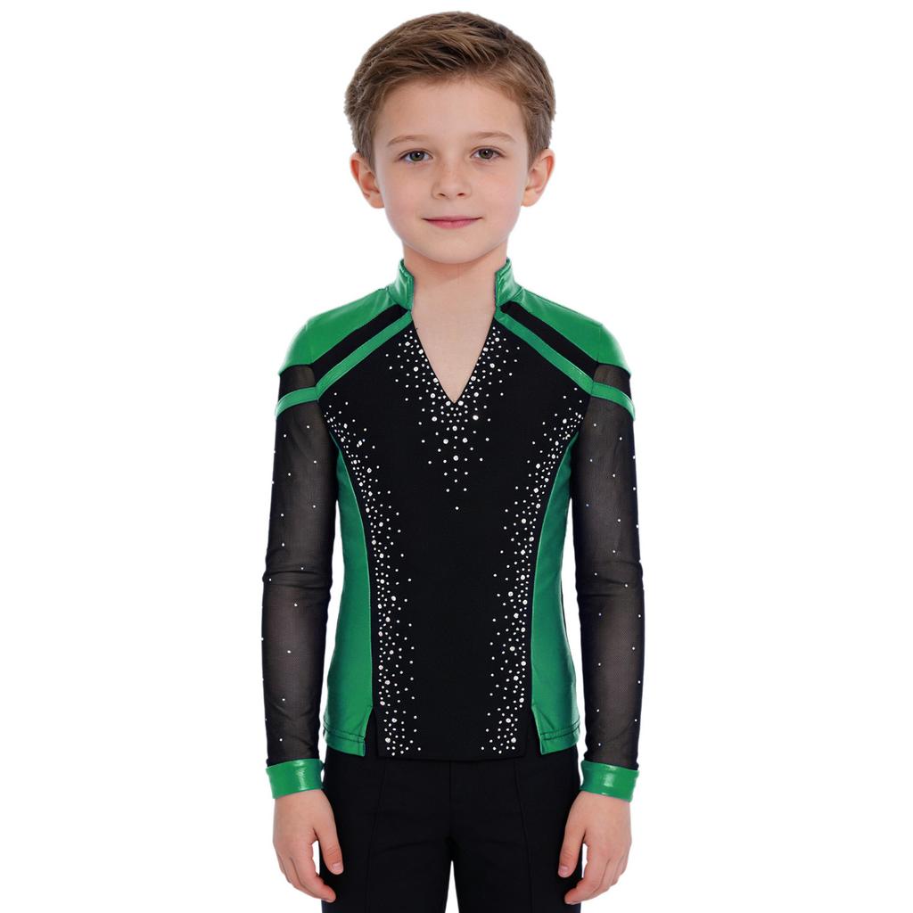 Boys Skating Performance Top: V-Neck Long Sleeve Rhinestone Color Block with Split Hem for Competition Costume