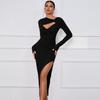 Модное сексуальное вечернее платье с разрезом и длинным рукавом, повседневное однотонное вечернее платье-карандаш для женщин, летнее платье с высокой талией, облегающее женское платье 25558