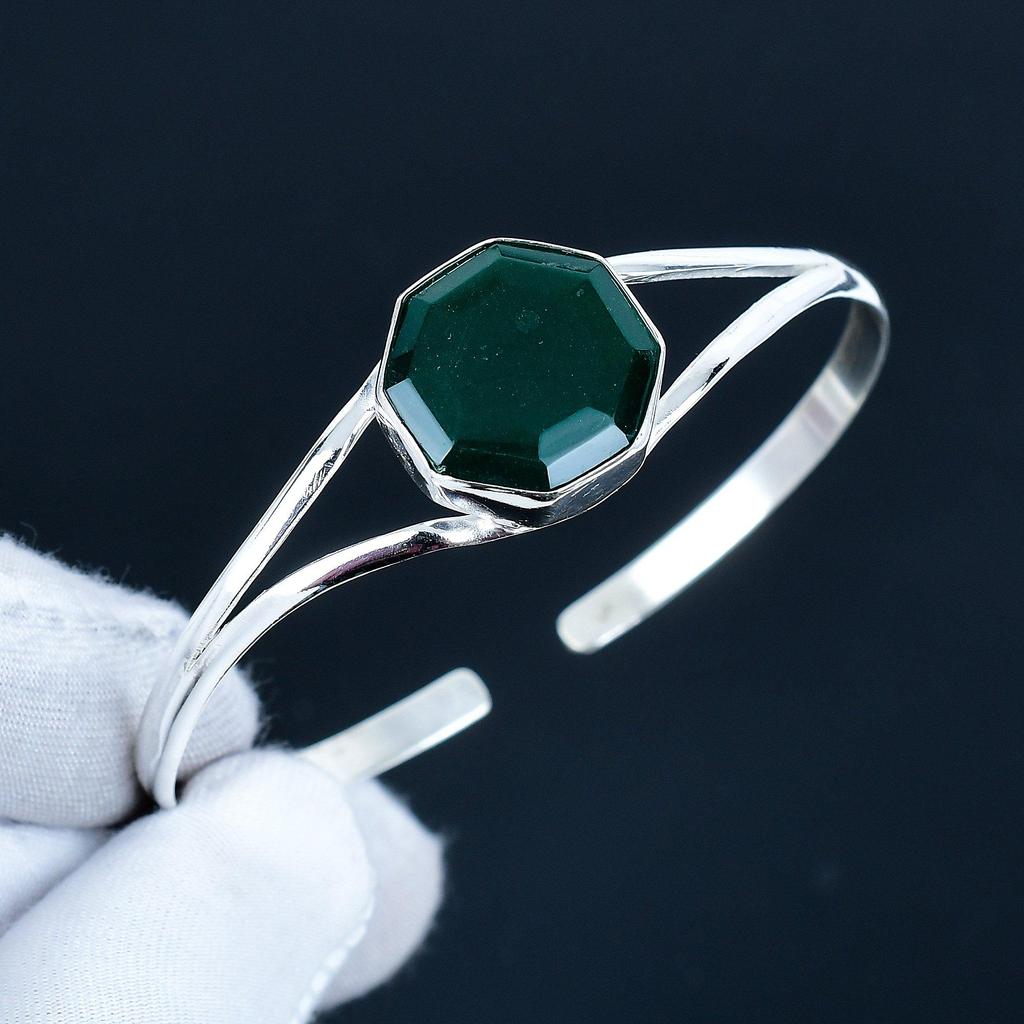 Зеленый Турмалин Шестиугольный Драгоценный Камень Браслет-Манжета Ручной Работы из Стерлингового Серебра 925 пробы, Браслет с Турмалином для Жены, Унисекс Браслет для Подарка