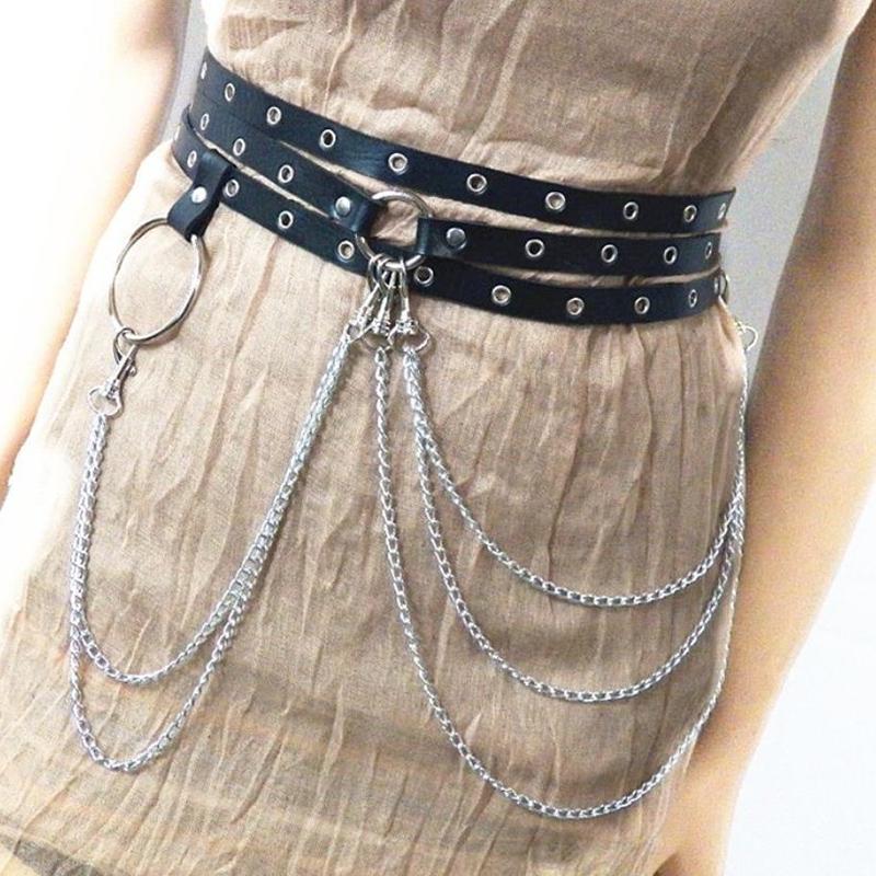Multi-Layer Faux Leather Belt Metal Chain Waist Belt Punk Gothic Body Jewelry