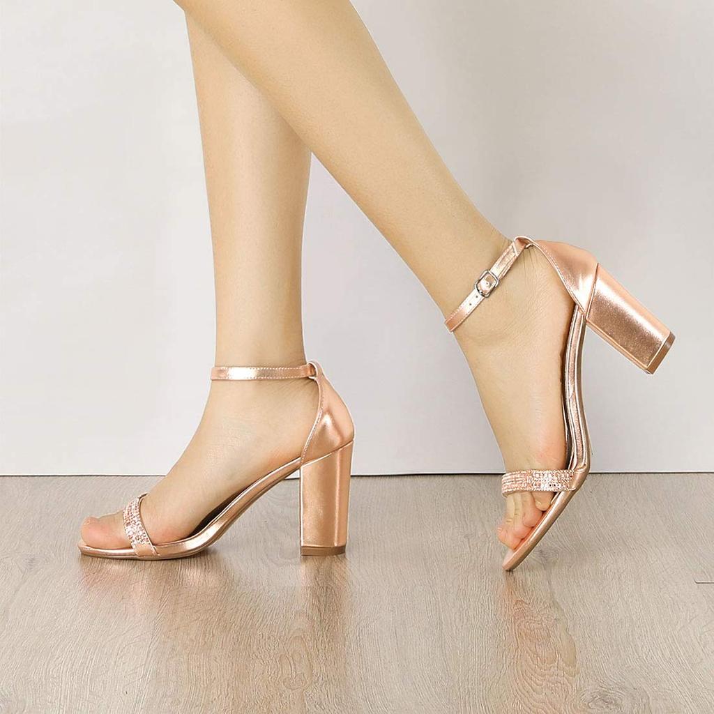 Allegra K Women's Rose Gold Ankle Strap Sandals with Rhinestones and Chunky Heels, Size 24.5cm
