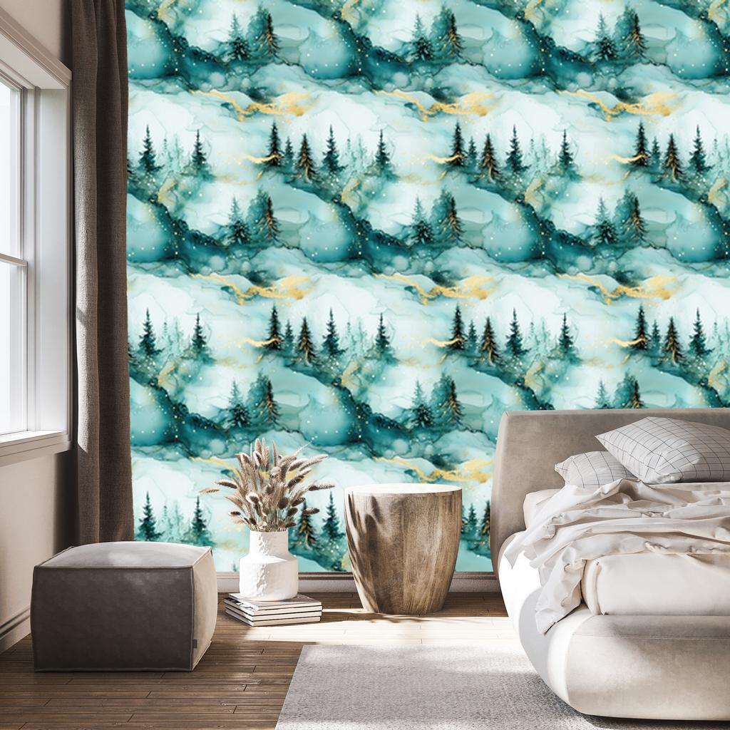Ink Wallpaper Turquoise, Sea Blue and White for Living Room and Bedroom 50x1000