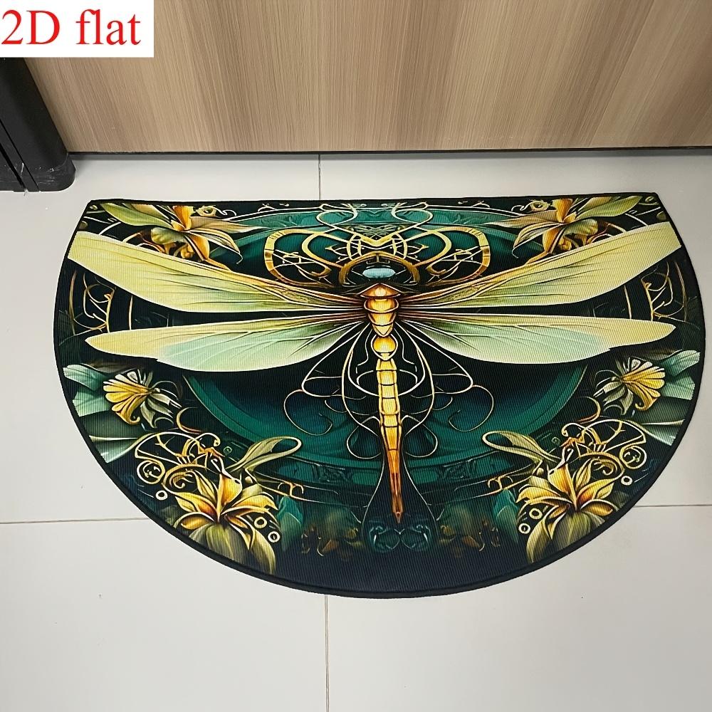 Retro Floral Dragonfly Semi-Circular Floor Mat, Anti Slip Foot Pad, Bedroom Entrance, Wear-Resistant Home Decor