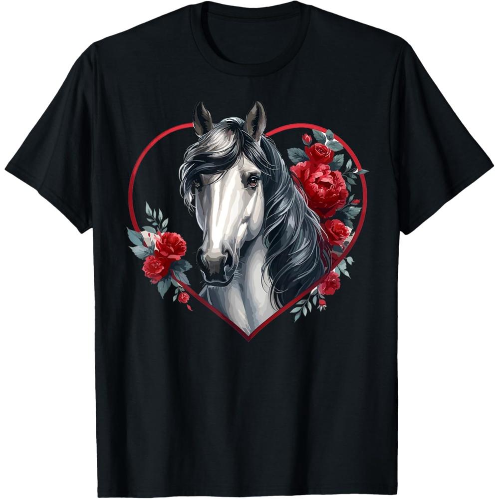 My Horse Is My Valentine | Gray Horse Roses & Hearts T-Shirt