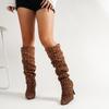 Fine heel leopard print pleated but knee boots women's autumn pointed large size sexy high heel fashion boots