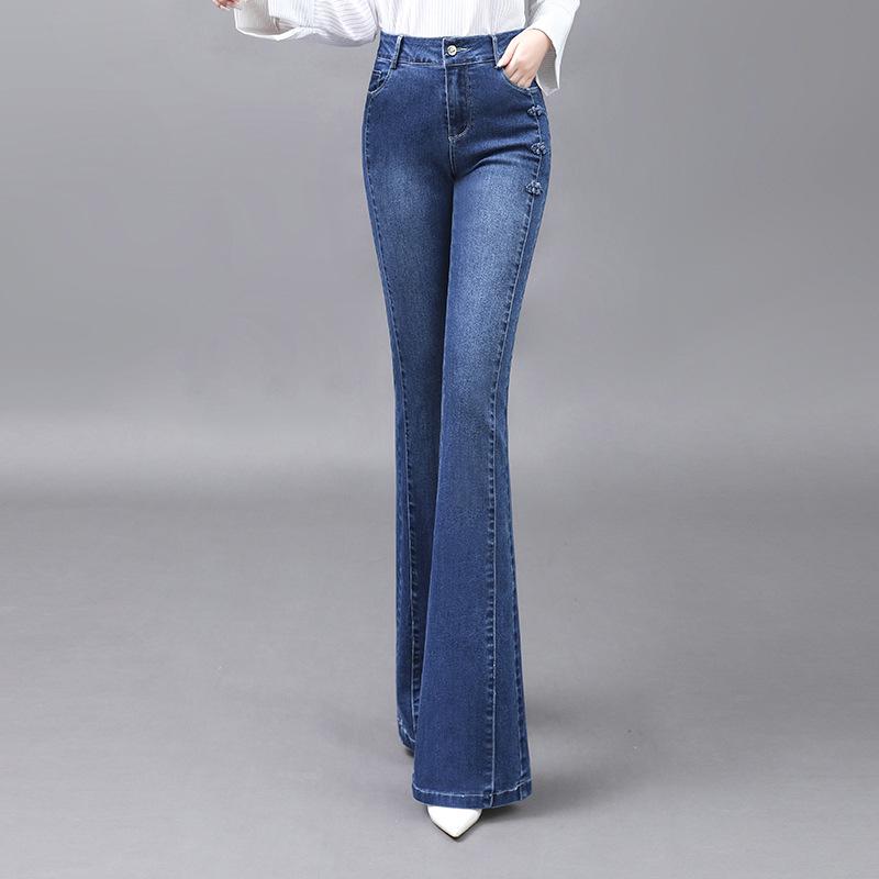 Женские облегающие расклешенные джинсы с высокой талией 2023 года — длина до пола и эластичные