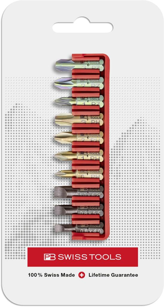 PB Swiss Tools C6 Series Hex and Pozidriver Bit Set with Bit 10-Piece 1/4" Flathead, Phillips, Holder, C6.701CN