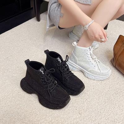 Мода Модные Кроссовки Осень Новые Круглый Носок Шнуровка Спереди Платформа Нескользящие Износостойкие Стразы Одинарная Обувь