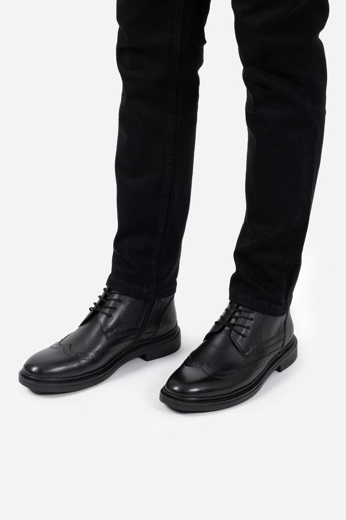 Men's Fashion Genuine Leather Thin Heeled Booties Black Lace-up Zippered Boots Shoes