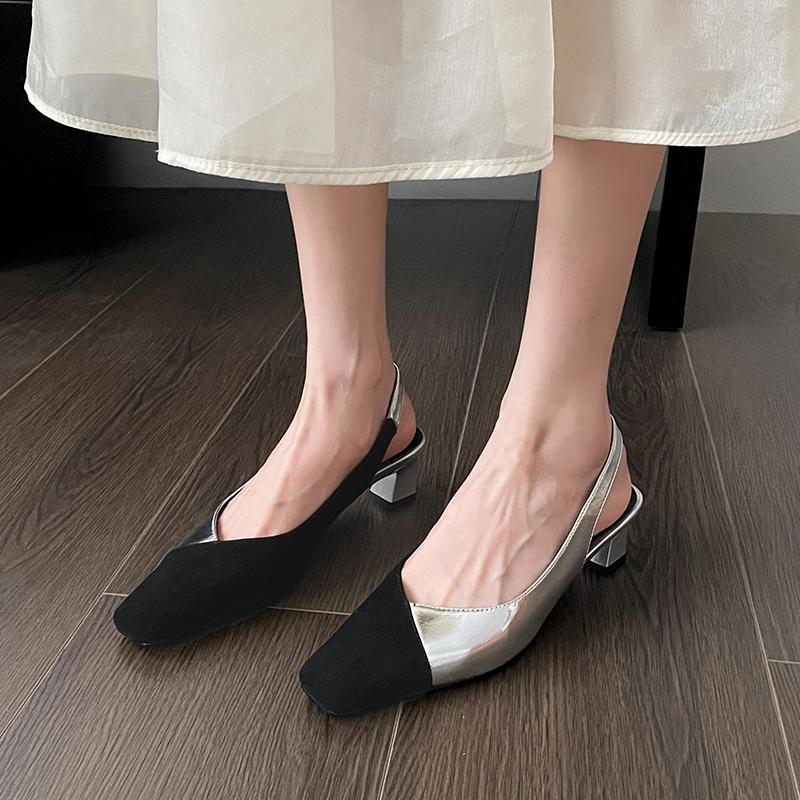 Модные ретро сандалии с цветными блоками, летние новинки, квадратный носок, мелкий вырез, ремешок через подъем, открытая пятка, нескользящий высокий каблук