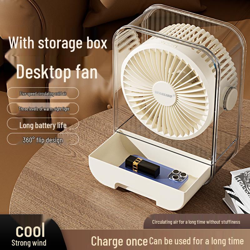 Compact Rechargeable Desktop Fan with Storage Box - Portable, Strong Wind for Dormitory & Office Use