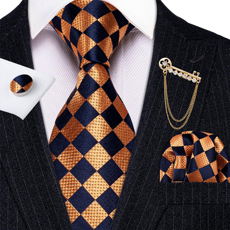 Barry.Wang Gold Brooch Pin with Tie for Men 8 Styles Cool Necktie Handkerchief Cufflinks Set