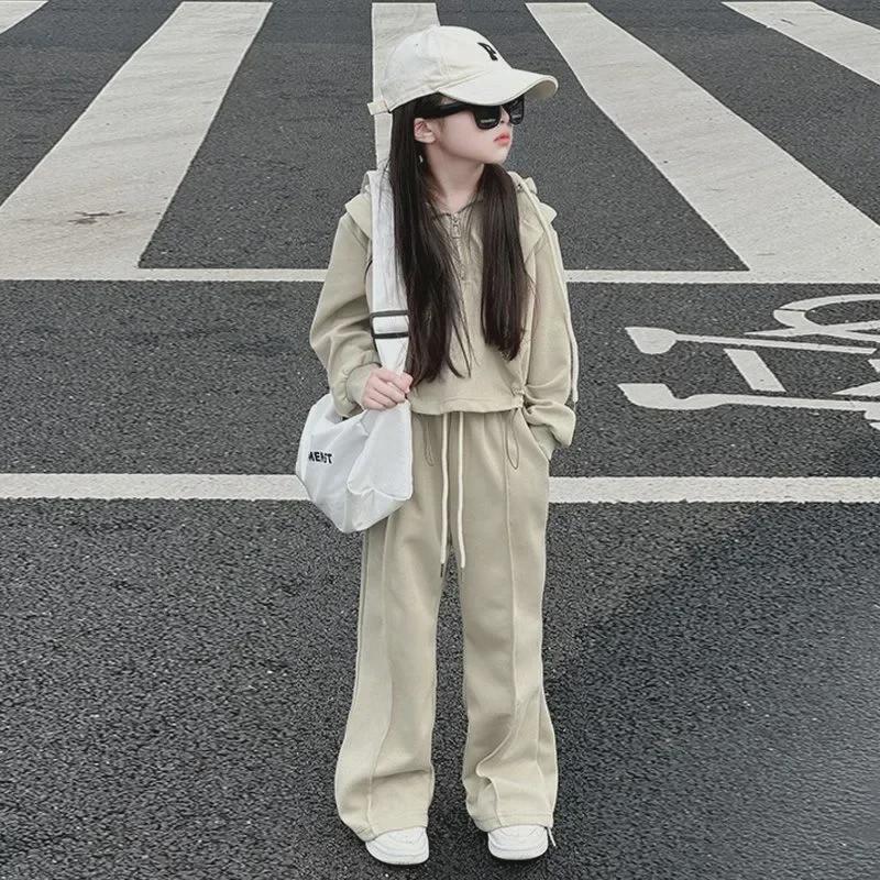 Стильные повседневные спортивные костюмы для девочек - однотонные с капюшоном, из двух частей, для школы весной и осенью