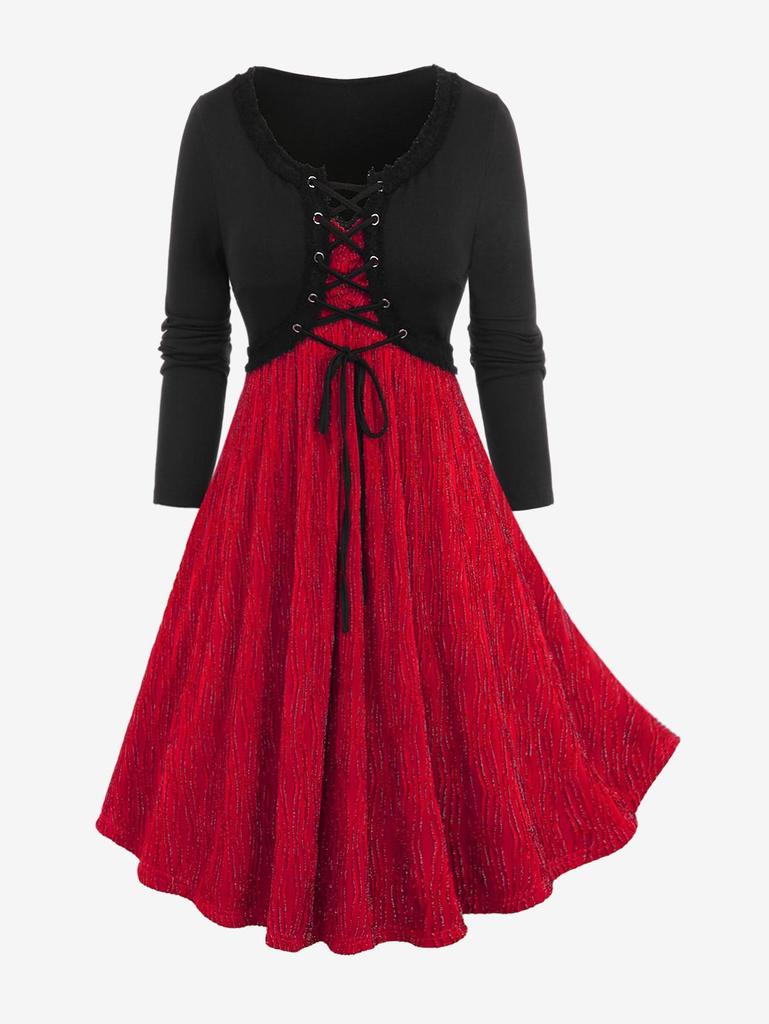 Rosegal Большие размеры Платье трапециевидной формы 2 в 1 с блестящей текстурой в рубчик и шнуровкой в стиле пэчворк