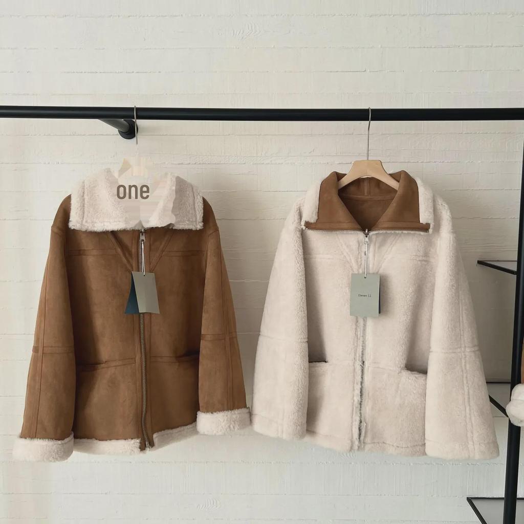 2024 Зимняя свободная тонкая двусторонняя шуба с застежкой-молнией и лацканами - Spot Zhang Ruonan Style