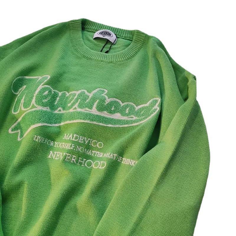 Unisex Oversized Retro Knit Sweater With Embroidered Letters Casual Cotton Blend Pullover Winter