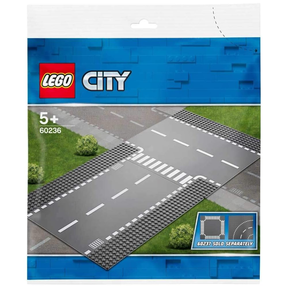 LEGO City Road Plates Straight Road and T-Intersection 60236 Building Blocks Toy for Boys Cars and Trains