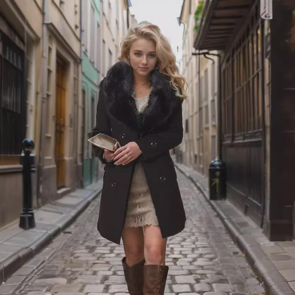 Женское шерстяное зимнее пальто средней длины с большим меховым воротником - европейский размер