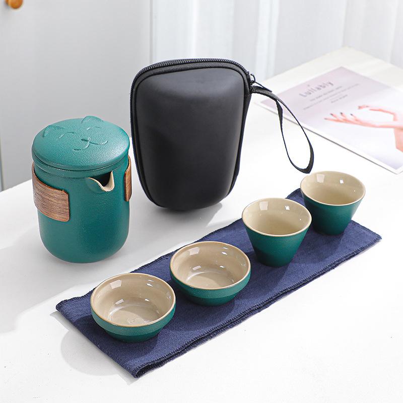 Black pottery travel tea set, one pot and four cups, outdoor car portable express cup business gift set printing