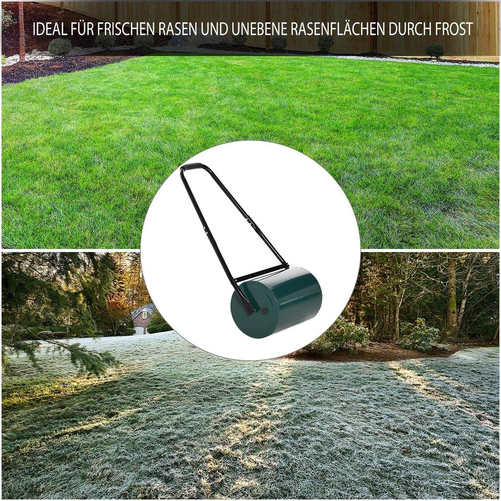 30 L Garden Lawn Roller with Water/Sand Filled Drum, Heavy Duty Steel Lawn Push Rolling Tool, Dark Green