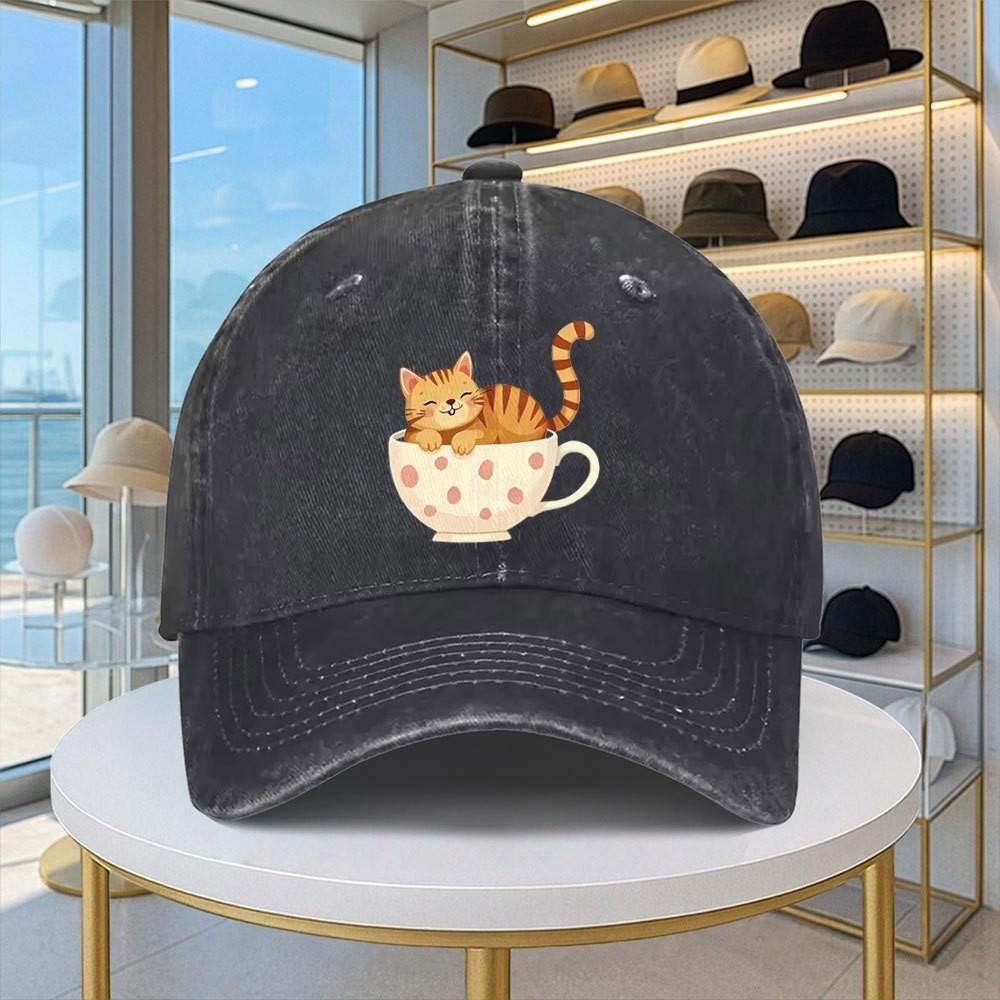 Полосатый Кот В Чашке Бейсболка Потертая Стиранная Джинсовая Snapback Кепка Повседневная Для Улицы Регулируемая
