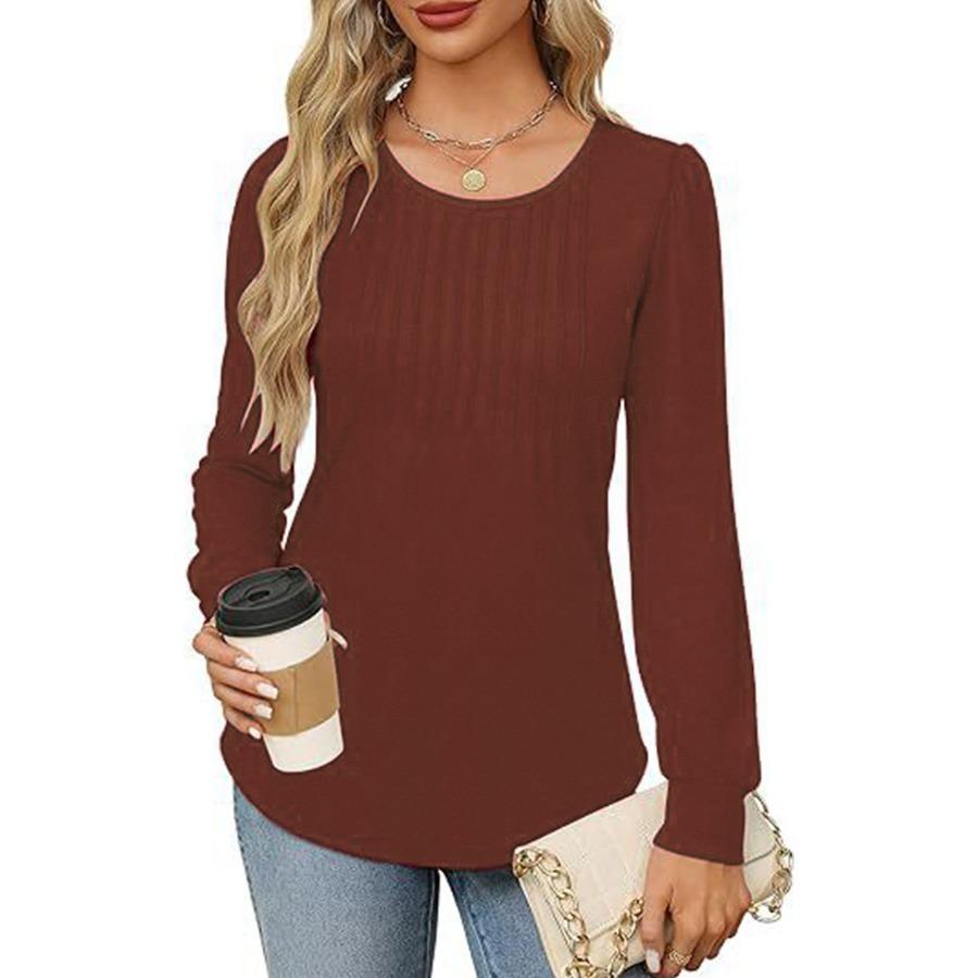 Осенняя женская футболка с длинным рукавом, модные топы, повседневные плиссированные свитера с низким круглым вырезом, женская одежда