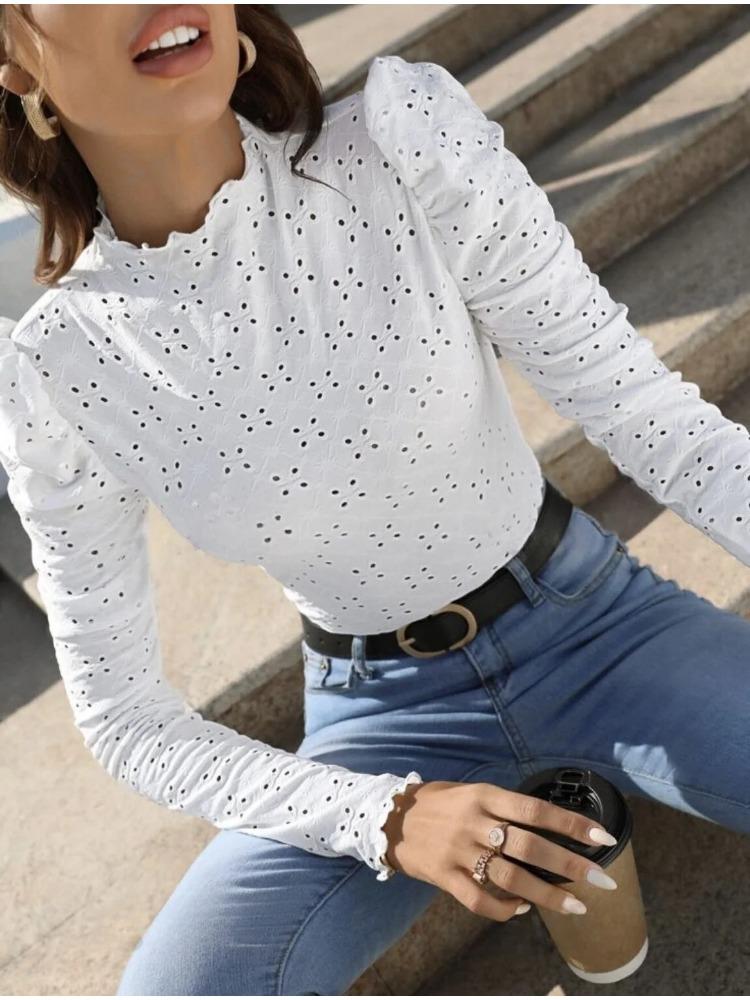 Europe and the United States Fashion Comfortable Slim Women's Eyelet Embroidery Bottoming Slim Half Turtleneck Long Sleeve T Shi
