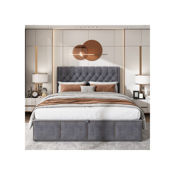 Lit rembourré, avec levier hydraulique, décoration rivetée, 140 x 190 cm, sans matelas, velours, gris