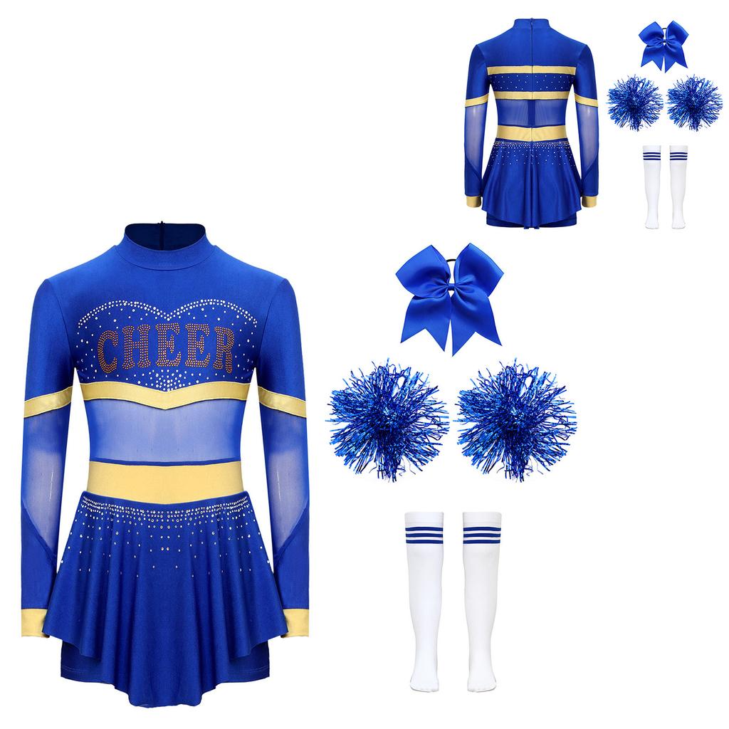 4Pcs Girls Cheer Leader Costume Long Sleeve Diamonds Dance Jumpsuit with Cheerleading Hand Flower Bowknot Hair Ties and Striped Knee High Tube Socks