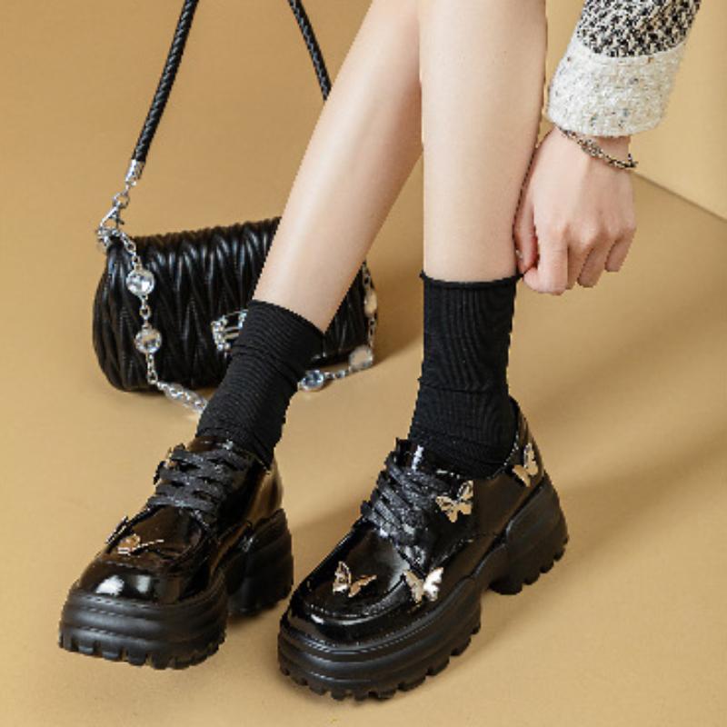 2024new Butterfly Square Toe Small Leather Shoes Thick Bottom Elevated Increase 2024new Fashion Casual Women Shoes Autumntime