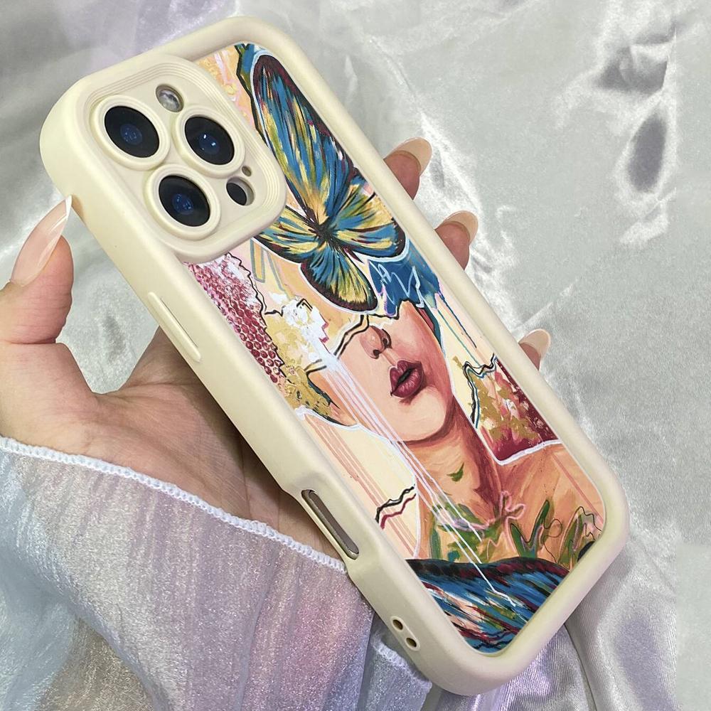JT583 Woman Face Butterfly Original Oil Painting for iPhone 17 16 15 Pro Max Samsung S26 S25 Ultra A17 A07 A56 A16 Xiaomi 15T Redmi 15c 14C Soft Case