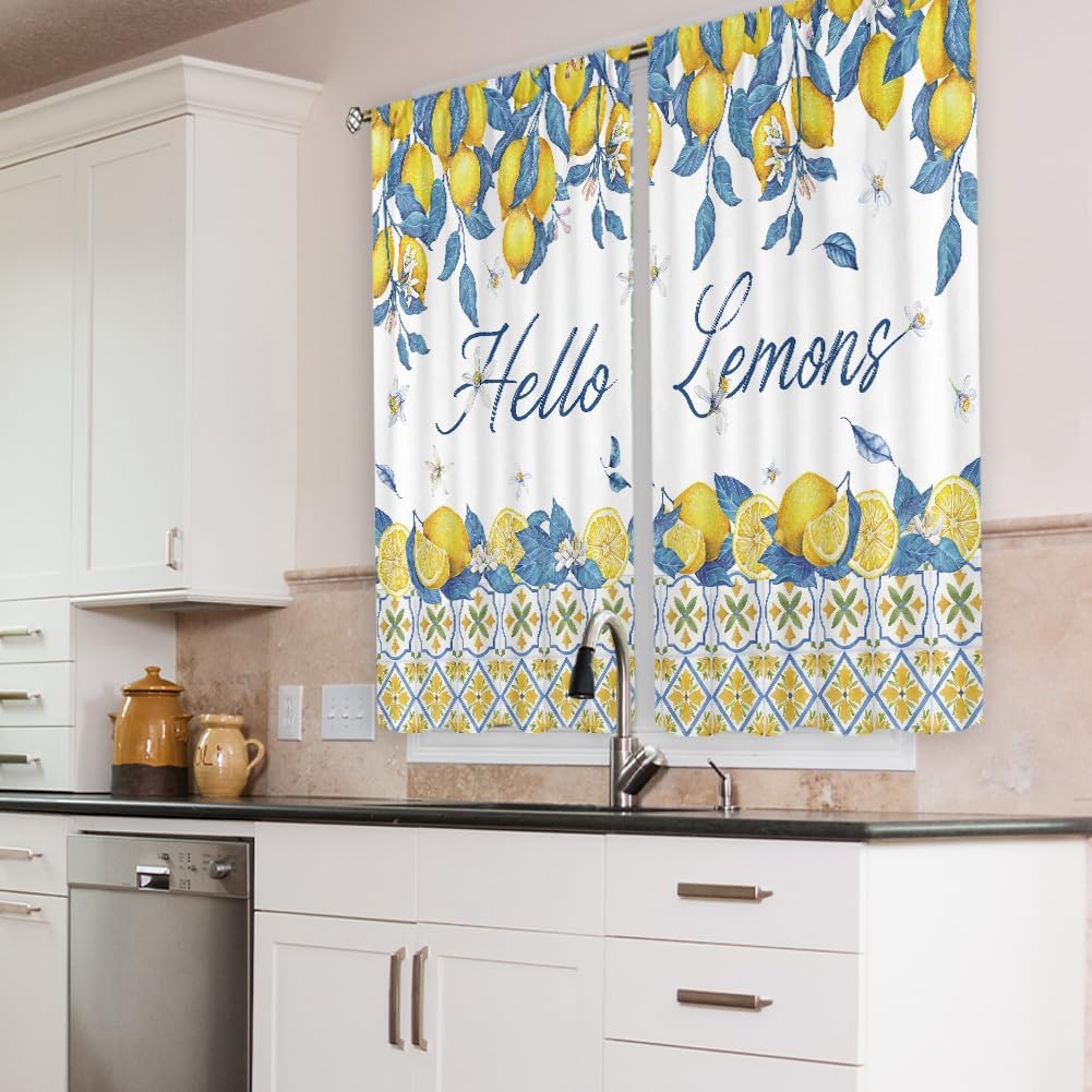 Rustic Lemon Kitchen Curta, Farmhouse Yellow Fruit Drapes With Blue Leaves, Rod Pocket Retro Summer Window Panels
