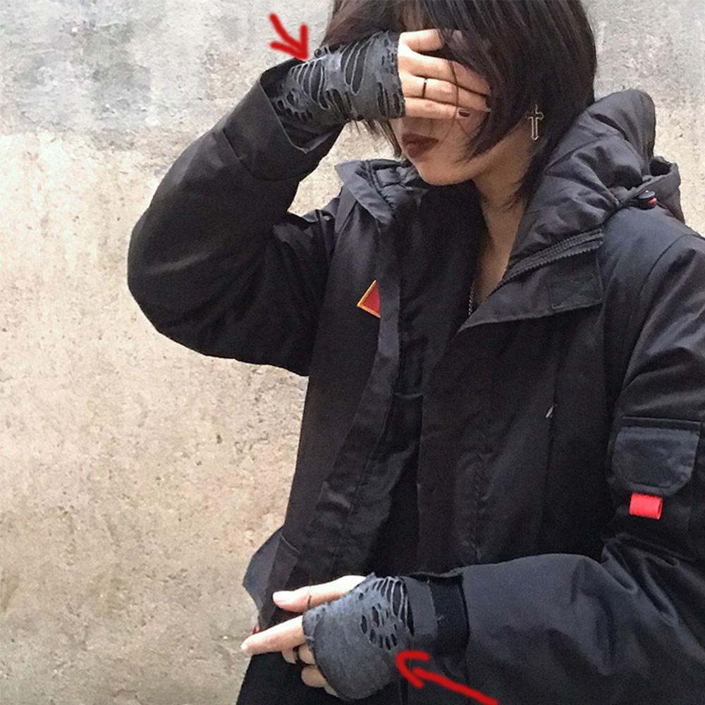 Митенки Унисекс Готические Черные С Прорезями и Разрывами Перчатки Без Пальцев Панк Перчатки