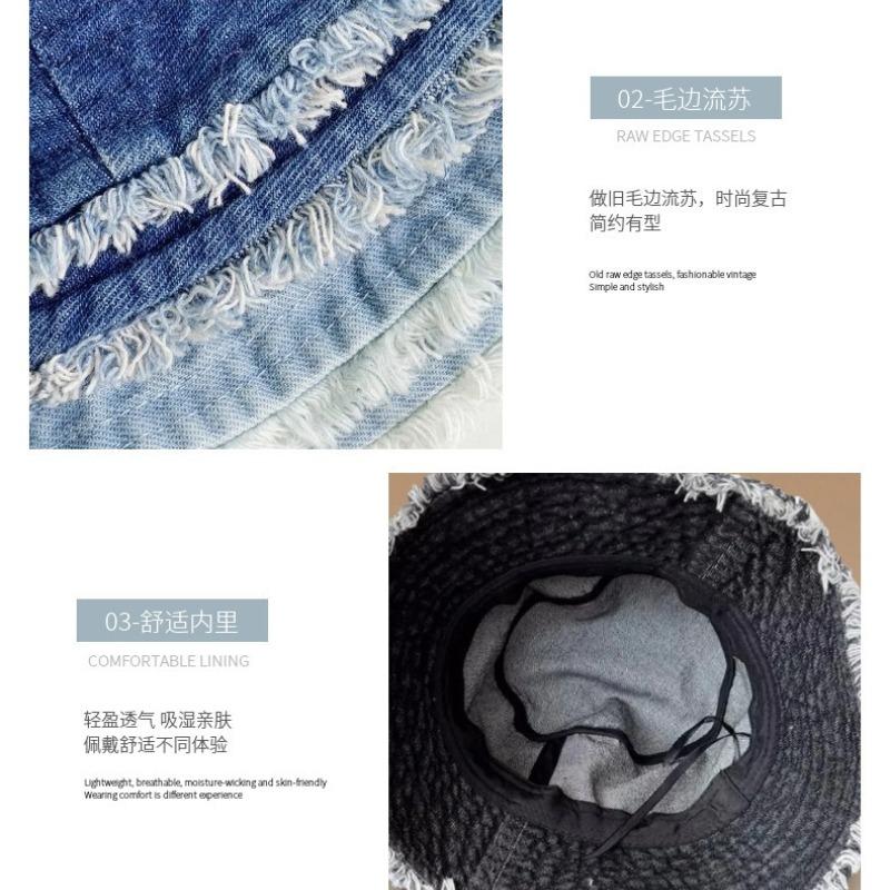 Women Summer Denim Bucket Hat Korean Vintage Washed Solid Color Sun Cap Wide Brim UV Protection Travel Beach Sun Hat