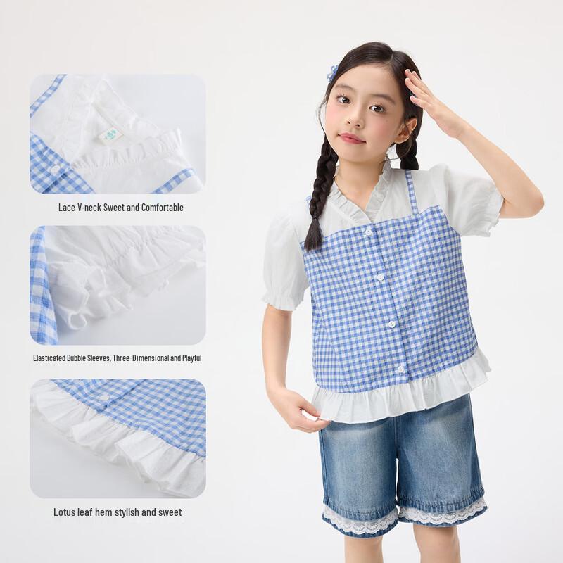 Girls' Plaid Ruffle Puff Sleeve Faux Two-Piece Top